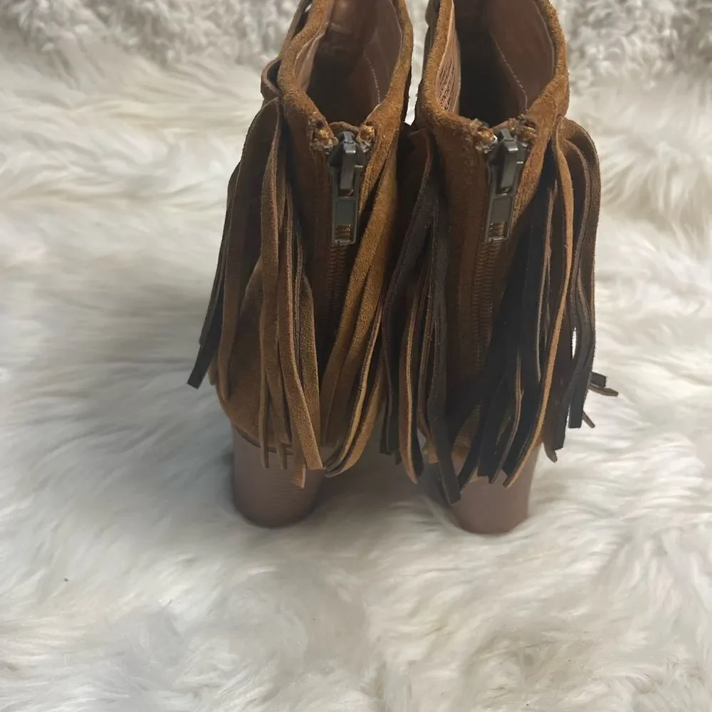 Nine West leather suede Brown Fringe ankle Boots Peep toe back zipper SZ9.5M